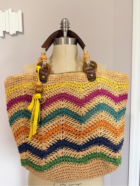 Fossil Handbags - Fossil Multicolor Chevron Straw Tote with Brown Leather Handles